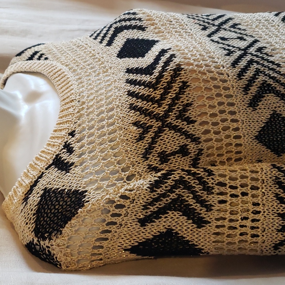 Ruby Rd. Cream, Black, and Gold Metallic Pointelle Knit Sweater - New